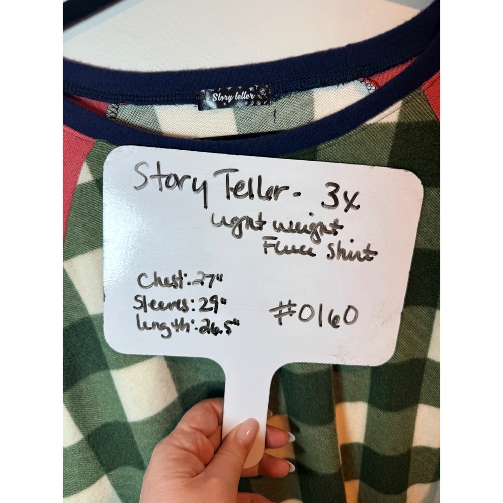 Story Teller Women 3X Buffalo Plaid Striped Raglan Fleece Shirt Green Coral Navy - Picture 7 of 7